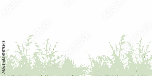 Softly blended green silhouette of wild grasses and plants against a white background