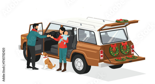 Family's joyful Christmas road trip with vintage car and wreaths, creating heartwarming holiday memories with baby and dog, ready for adventure