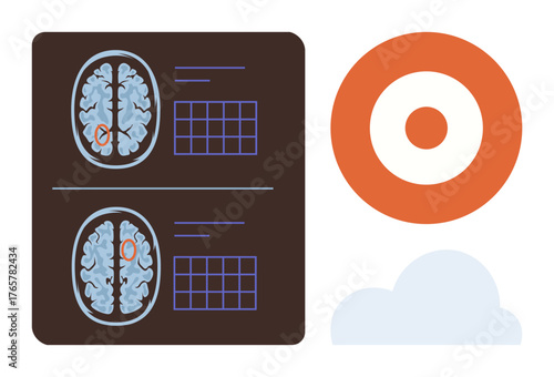 Brain scan images with highlighted regions, grid patterns, circular target shape, and cloud symbol. Ideal for neuroscience, mental health, analysis, innovation focus goals creativity. Simple flat