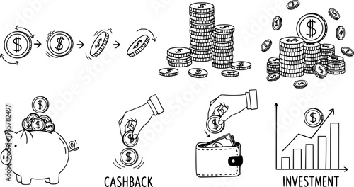 Doodle coins. Hand drawn coin rotation animation, stacks and piles of coins with dollar sign. Money savings, cashback and investment vector illustrations set