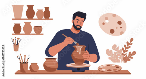 Bearded Man Decorating Handmade Pottery Vase with Glaze in a Ceramic Workshop, flat illustration style.