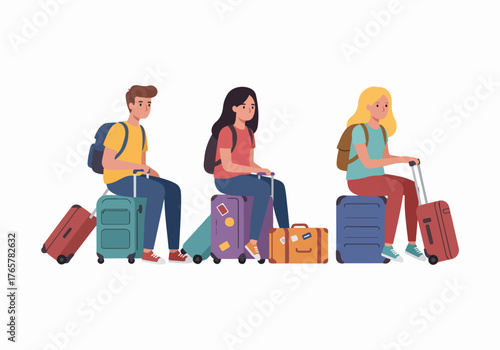 Group of young friends sitting on their luggage, patiently waiting for travel departure, illustrating the concept of vacation and journey planning.
