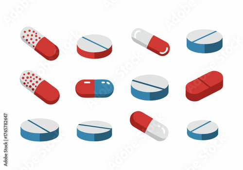 Collection of various medical pills, capsules, and tablets in an isometric flat vector style, representing healthcare and pharmaceuticals.