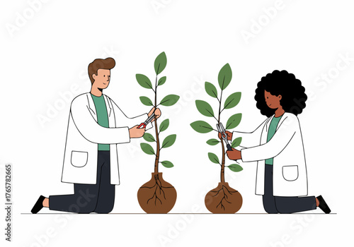 Diverse scientists pruning young plants, symbolizing agricultural research, botany experiments, sustainability, and collaborative development.
