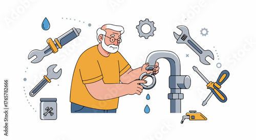 Cartoon illustration of a senior plumber repairing a dripping sink faucet, surrounded by various maintenance tools.