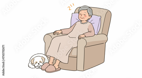 Peaceful nap of an elderly woman resting comfortably in a cozy armchair with her sleeping companion dog.