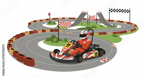 Professional Go-Kart Racer in Red Suit Driving on a Winding Circuit with Finish Line and Safety Barriers.