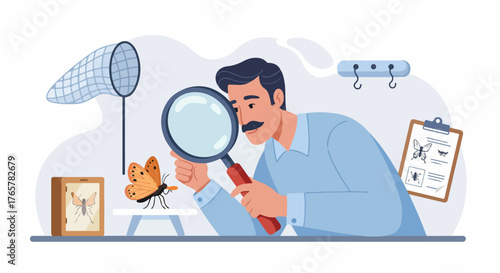 Entomologist Examining a Butterfly Specimen with a Magnifying Glass During Scientific Research and Species Identification.