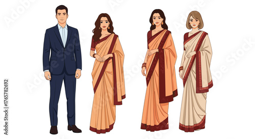 Elegant Indian fashion showcase with modern professional man in suit and three women in traditional sarees for cultural event or modern business gathering