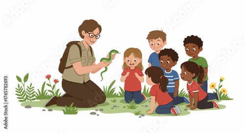 Park Ranger Teaches Diverse Kids About Reptiles, Holding a Green Snake During an Outdoor Science Lesson.