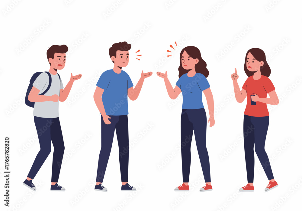 Obraz premium Group of diverse young people having a heated argument, showing conflict, misunderstanding, and communication problems in a relationship.