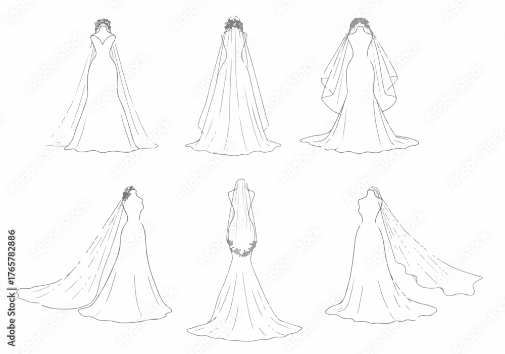 Obraz premium Set of six fashion illustrations depicting various wedding dress styles and bridal veils viewed from the back.