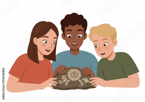 Diverse Students Discovering an Ancient Fossil, Learning About Paleontology and Natural History in a Science Class