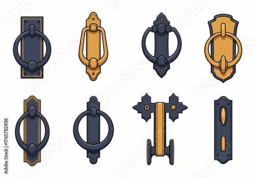 Set of eight ornamental and antique-style door knockers and decorative metal hardware vector collection.