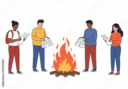 Diverse students and young adults burning papers in a bonfire, symbolizing canceling debt, ending commitments, or starting fresh.