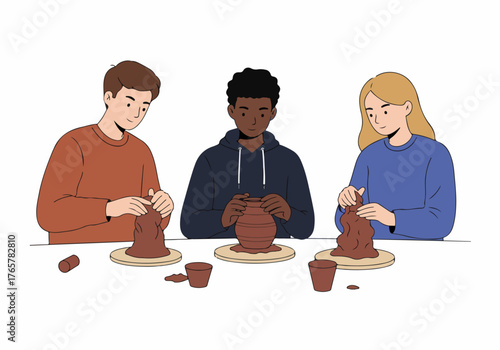 Diverse young adults enjoying a pottery class together, shaping clay on wheels in a creative hobby illustration.