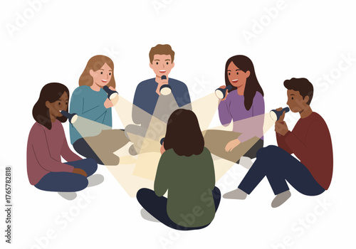 Diverse friends gather in a circle, illuminating their faces with flashlights for nighttime storytelling or conversation.