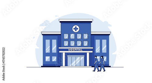 Modern hospital building facade, nurses walking near entrance, blue and white design for healthcare promotions, medical campaigns or wellness concepts