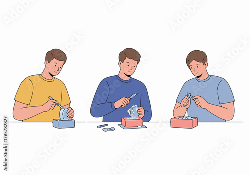 Group of men engaged in carving and sculpting small objects, illustrating creativity, practical skills, and focused hobby work.