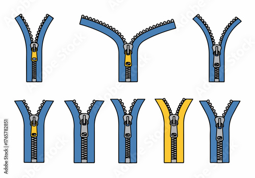 Collection of zipper icons illustrating various open and closed positions on blue and yellow fabric in a cartoon outline style.