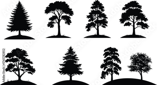 Tree silhouettes collection, black forest shapes, isolated botanical elements, nature design assets, landscape illustration, evergreen, deciduous, seasonal, minimal, vector