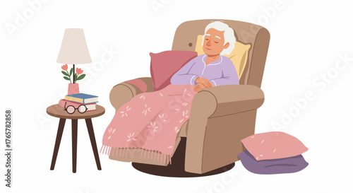 Peaceful senior woman napping comfortably in an armchair, covered by a blanket, isolated illustration of relaxation.