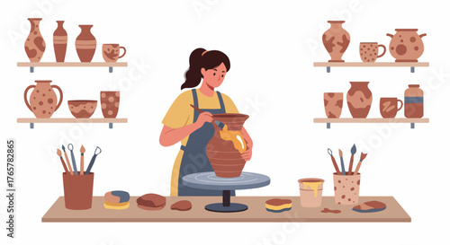 Female potter artist decorating handmade earthenware on a spinning wheel in a workshop.