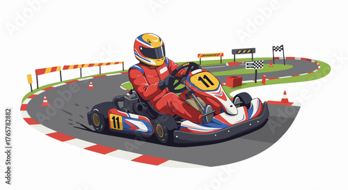 Go-Kart Racer Speeding Around a Curve on a Track, Vibrant Vector Illustration