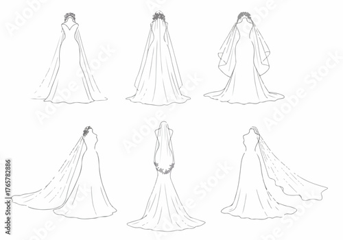 Set of six fashion illustrations depicting various wedding dress styles and bridal veils viewed from the back.