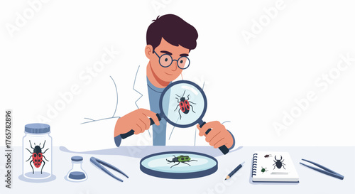Young male entomologist or scientist studying insects with a magnifying glass in a laboratory.
