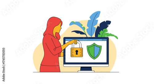 Digital security expert securing online data with padlock and shield icons on computer screen