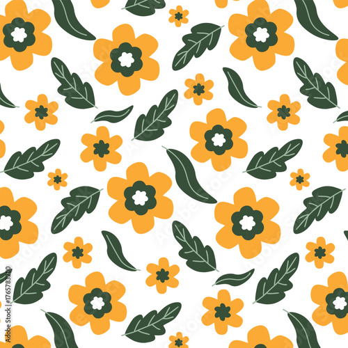 Yellow flower with green leaves on white background