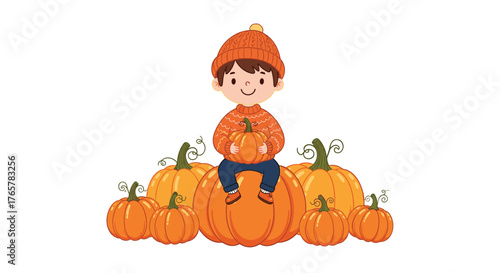 Joyful child in cozy sweater and hat sits atop a vibrant pumpkin patch celebrating autumn harvest season with playful spirit