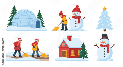 Cheerful winter scenes featuring children shoveling snow, cozy houses, friendly snowmen, festive trees, and an igloo for holiday and seasonal projects