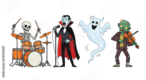 Spooky Halloween band rocks out with skeleton drummer, vampire singer, ghost dancer, and zombie violinist creating a festive fright