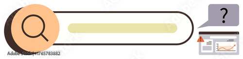 Search bar with magnifying glass, question mark bubble, and analytics dashboard alert. Ideal for search, query, troubleshooting, analysis, data review, problem-solving simple flat metaphor