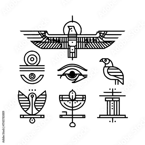 Collection of seven distinct egyptian hieroglyphs featuring birds eyes and geometric shapes in black lines