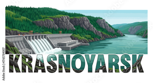 Krasnoyarsk Hydroelectric Power Station and Siberian Landscape