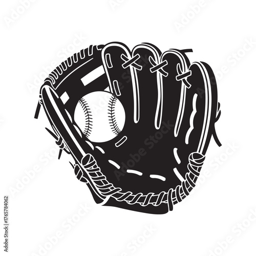 Baseball Glove Holding a Ball Sport Black and White Vector Graphic