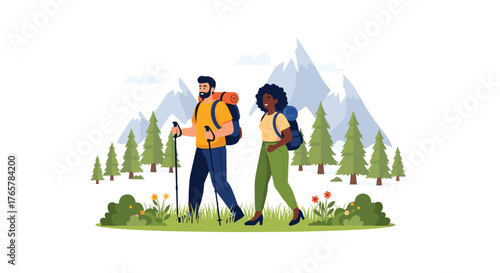 Adventurous couple trekking through a scenic mountain landscape with backpacks and hiking poles enjoying outdoor exploration and healthy lifestyle