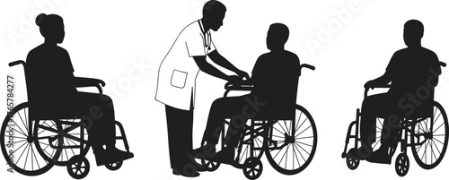 Wheelchair silhouettes, healthcare support scene, medical caregiver illustration, patient assistance vector, black graphic, rehabilitation concept, disability care, hospital interaction