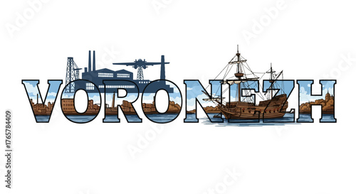 Voronezh Cityscape with Historic Ship and Industrial Elements