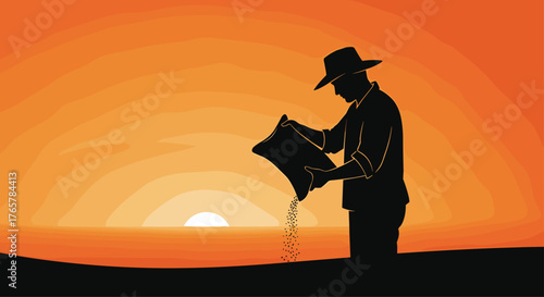 Hopeful farmer sowing seeds at sunrise, cultivating dreams for a bountiful harvest in a vibrant dawn landscape