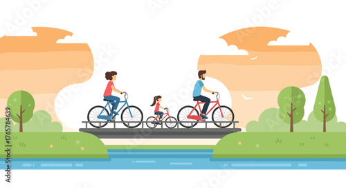 Happy family enjoying a scenic bike ride together on a bridge, creating joyful memories in nature with clean, modern design elements for outdoor adventure