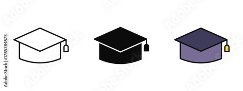 Graduation cap icon collection designed in stroke, fill, and color variations, isolated on a white background. Perfect for education apps, web interfaces, academic projects, and university concepts.
