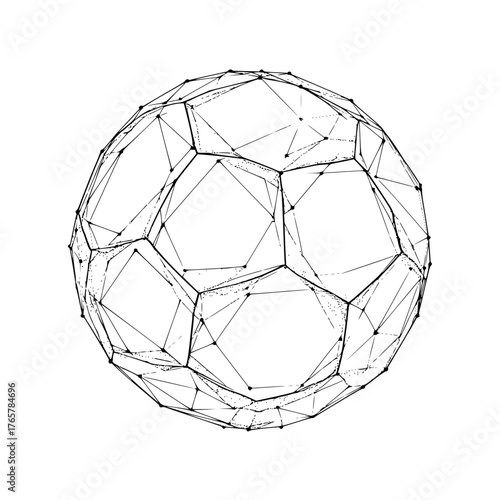 Abstract representation of a soccer ball with polygonal mesh and black lines on a white background