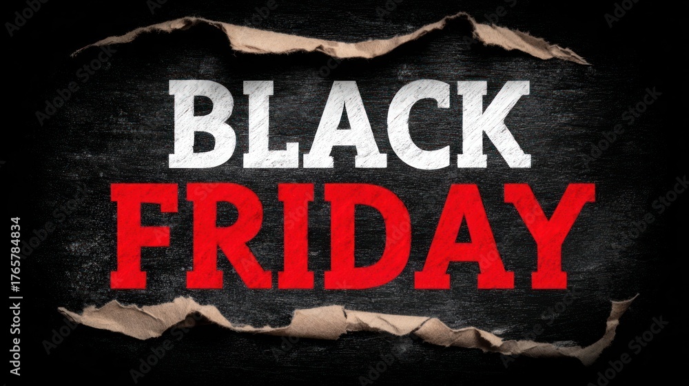 Fototapeta premium Black Friday sale slogan emerging from ripped paper background