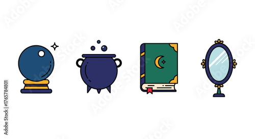 Magical realms with crystal ball, cauldron, spellbook and mirror symbols for Halloween, fortune telling and witchcraft designs that enchant and inspire