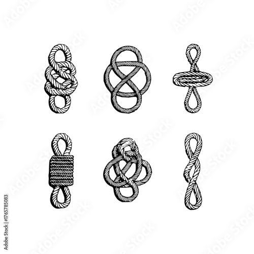 Illustration of six different nautical rope knots with varying complexity and unique designs shown clearly