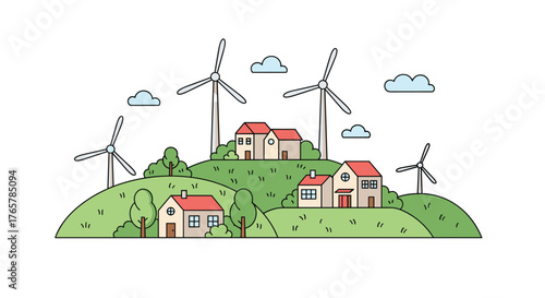 Quaint village scene with wind turbines creating clean energy offers a charming, eco-friendly vibe perfect for sustainable living campaigns